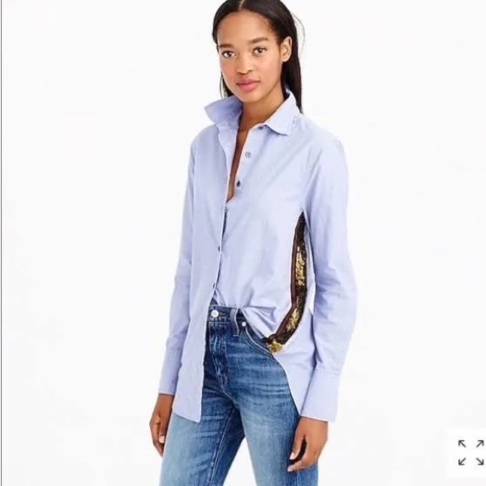 Jcrew Button up blue chambray like top with glitter stripe on sides